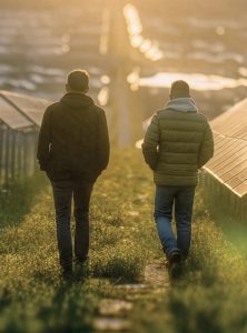 Two people walking through field with solar panels